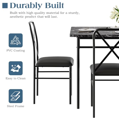 Image of VECELO 5-Piece Dining Table Set for 4 with Upholstered Chairs, Pure Black | Faux Marble Tabletop, Space-Saving, for Kitchen, Breakfast Nook