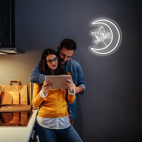 Image of ENUOLI LED Cat Neon Signs,Cute Cat Neon Lamps Dimmable Cool White Moon Shaped Neon Lights USB Powered Cat Night Light Wall Decor for Cat Cafe Bedroom Living Room Birthday Gift for Friends