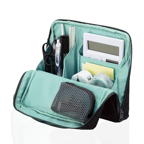 KOKUYO Pencil Case Pouch Haco-Biz Standing Pen Pouch Bag Foldable Stand up Pencil Holder Organizer Large Capacity Portable Pencil Box for Office Supplies Black x Green (KAHA-HB11D)