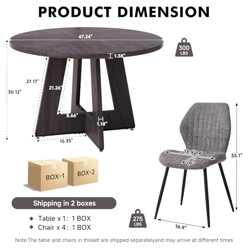 Image of 47 inch Round Dining Table Set for 4, Kitchen Table and Chairs | Wooden Cross Base, Boucle Fabric Chair, for Apartment