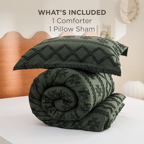 Image of Bedsure Tufted Boho Comforter Set Queen Size - Olive Green Boho Bed Set, GentleSoft 3 Pieces Farmhouse-Style, Home Decor Bedding, Gifts for Woman, Soft Jacquard Queen Comforter for All Seasons