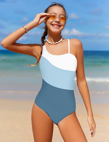 Girls Swimsuit 9 10 Years Girls Bathing Suit Color Block Cutout One Shoulder Girl's One Piece Swimsuits with Cover Up Skirt Swimsuit for Girl2