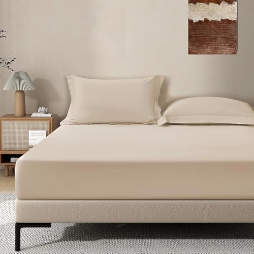 Image of Khaki Fitted Sheet,Full Size Taupe Fitted Sheet with Deep Pocket 18 inch,Ultra Soft & Breathable FittedSheet Easily Fits 18 inch to 24 inch Mattress
