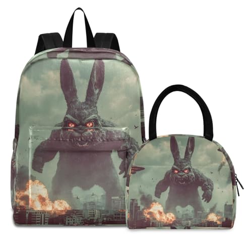 Backpack Lunch Bag Set Bunny Monster Print, Big Storage Travel Backpacks with Insulated Lunch Box for Office Hiking Picnic