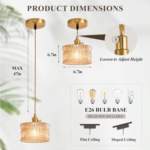 Image of Glass Pendant Lights Kitchen Island,Amber Pendant Lighting Fixtures,Modern Adjustable Hight Chandelier Farmhouse Hanging Ceiling Lighting for Dining Room Hallway,Bedroom Foyer 1 Pack