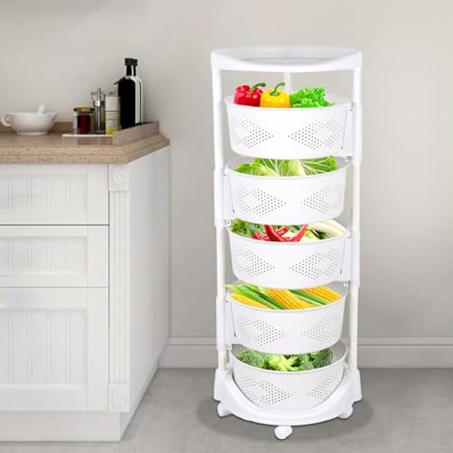 DKSLALALI Fruit Basket Cart 5 Tier Rotating Storage Rack with Wheels Vegetable Organizer for Kitchen Potato and Onion Storage Bin Snack Cart for Living Room Kitchen-Q1dMRpXl