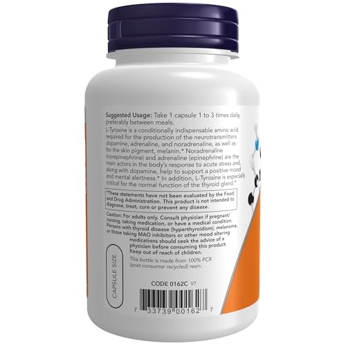 Image of NOW Supplements, L-Tyrosine 500 mg, Supports Mental Alertness*, Neurotransmitter Support*, 120 Capsules (Pack of 2)