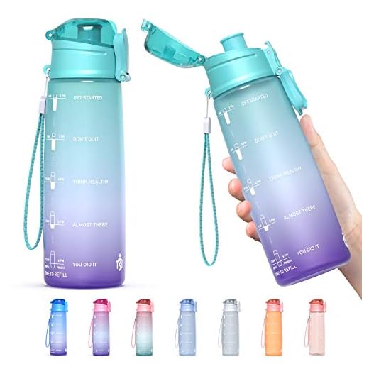 Y&3 32oz Motivational Fitness Sports Water Bottle With Time Marker, BPA Free Tritan Plastic, Leakproof Flip Top, For Gym, Outdoor, Office Work (Green/Purple Gradient, 32oz)