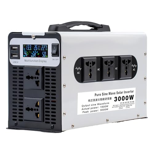 Lissontine Inversor Solar Híbrido Mejorado 3000 W, 12V/24V/48V/60V/72V DC a 110V/230V AC, Onda Sinusoidal Pura, 5 Tomas AC, 2 Puertos USB, Inversores en Paralelo 24V-3000W