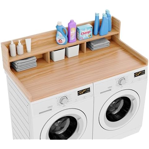 Washer Dryer Countertop with 2-Tier Shelf, 54"x27.5" Laundry Room Organization Washer and Dryer Countertop with Storage Universal Fit & 10pcs Non-Slip Pads, Wood Washer and Dryer Covers for The Top Cover
