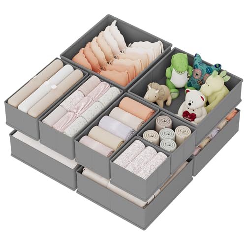 10 Pack Drawer Organizer for Clothes, Underwear Drawer Organizer Bins, Foldable Fabric Closet Storage Organizers, Drawer Dividers for Bras Undies Socks Ties, Grey