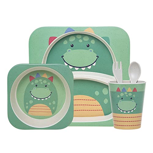 Little Me 5-Pack Bamboo Dinnerware Set - Dishwasher Safe Kids Dishes & Utensils - Dinosaur Plate, Bowl, Cup, Spoon & Fork #TOP18