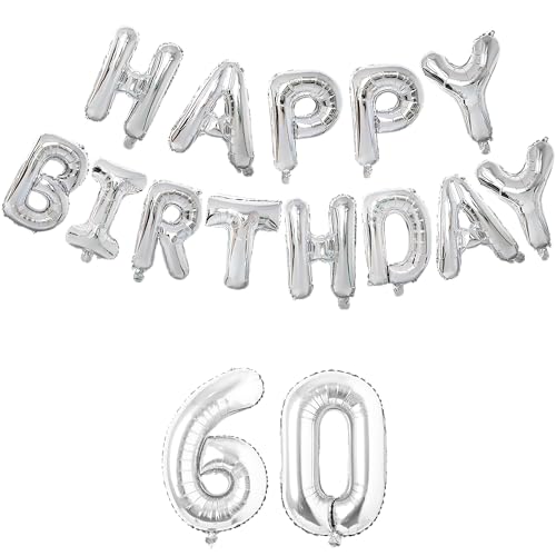 Image of Flyloons 60th Silver Colour Happy Birthday Foil Balloon Set For 60 Year Old Men Women | With Number Sixty | 13 Letters Reusable Happy Birthday Metallic Foil Balloons Decoration Kit, 15 Pcs