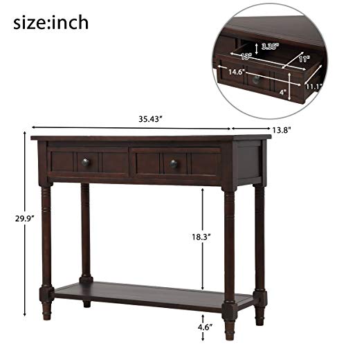 Pine Wood Media Console Table for Entryway Hallway, with Drawers and Shelf, Chestnut - Thumbnail 7