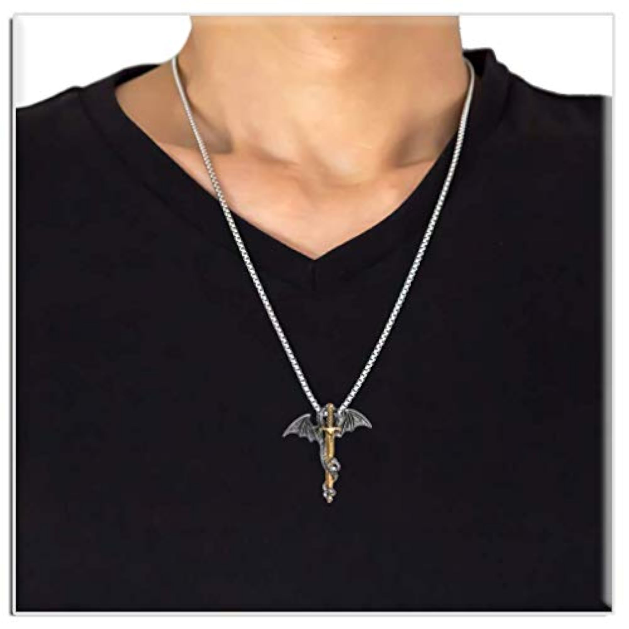 Men's Punk Stainless Steel Dragon Sword Wing Pendant Necklace