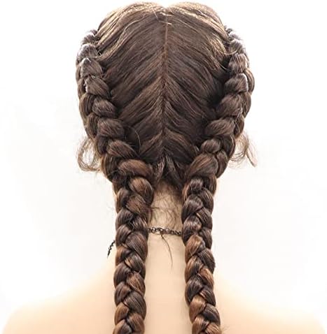 Xiweiya 36inch Mixed Brown Double Twist Hand Braided Lace Front Wigs for Women 100% Hand Made Copper Braideing 360 Swiss Lace Front Wig with Baby Hair - Image 3