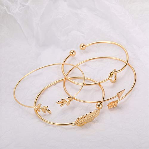 Starain 4Pcs Gold Bangle Bracelets For Women Girl Simple Leaf Arrow Feather Knot Heart Bracelet Adjustable Cuff Bracelet Set #TOP5