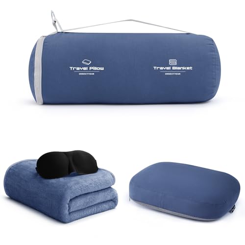4-in-1-Travel-Pillow-Blanket-Set-with-Eye-Mask-Memory-Foam-Neck-Support-50x65-Inch-Blanket-Storage-Bag-for-Airplane-Car-Train-Home-Travel-Blue 4-in-1 Travel Pillow & Blanket Set with Eye Mask, Memory Foam Neck Support, 50x65 Inch Blanket, Storage Bag for Airplane, Car, Train, Home Travel Blue - Image 1