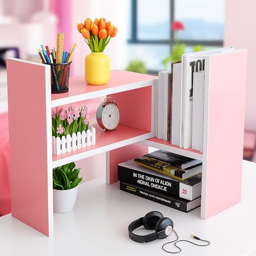 Image of Desktop Shelf Organizer, Adjustable Wood Office Storage Rack, Counter Display Small Bookshelf for Home /Office /School(Pink)