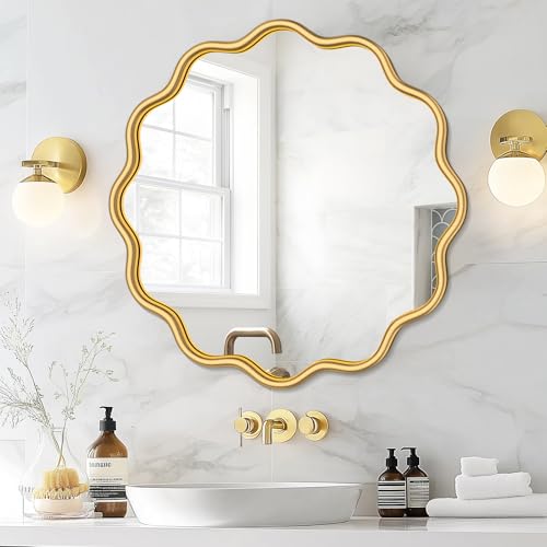 Image of PROHOMEWARE Gold Round Mirror 24 Inch Wavy Bathroom Vanity Mirror Gold Frame Modern Wall Mirror Decorative Wall-Mounte Anti-Rust, Tempered Glass