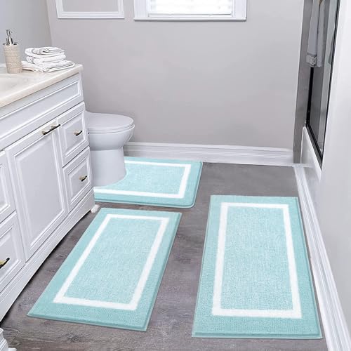 Pauwer Bathroom Rug Set 3 Piece: Plush Microfiber Shaggy Bath Mats, Non Slip, Machine Washable, Light Blue, 18x26+20x32+U Shape 20x24