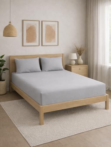 Image of THE HOME STYLE Solid Plain Cotton Feel Fitted Bedsheet (72x78 inches) with Reversible Comforter (90x100 inches) | King Size | 2 Pillow Covers | 300 TC | 4-Piece Bedding Set (Pearl Grey)