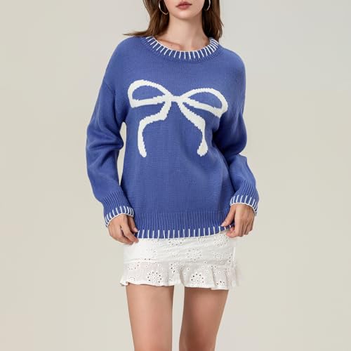 Image of Women Cute Bow Knit Sweater Y2k Long Sleeve Crew Neck Knitted Pullover Top Oversized Going Out Fall Winter Knitwear