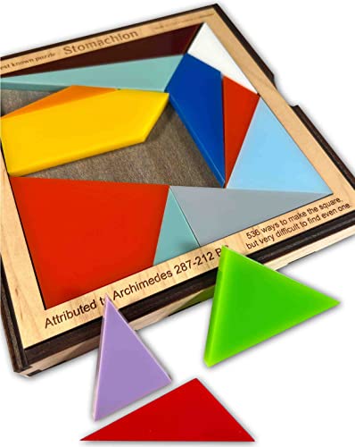 Image of Creative Crafthouse Stomachion Brain Teaser Puzzle for Adults, Archimedes | Acrylic tiles in a solid wood frame and tray. Rebuild the 7.5 inch square or form animals and ships, a math history gift