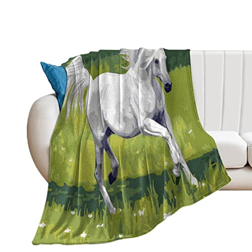 Jeté de canapé cheval blanc couverture imprimée lit et voyage 130x150 cm plaid microfibre - 2