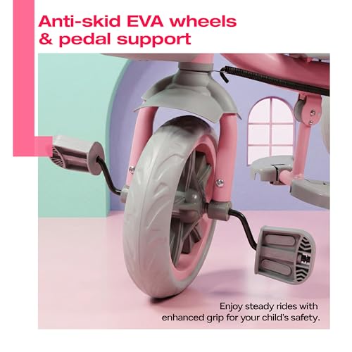 Image of Kidsmate Junior Tricycle for Kids with Parental Control | Cycle for Kids 1-4 Years | Baby Cycle | Bicycle with Storage Basket, Cushion Seat and Seat Belt Carrying Capacity 30 Kgs (Pink-Grey)