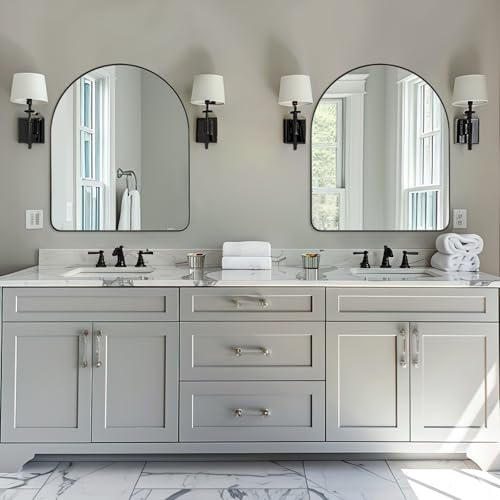 Image of ANDY STAR Arched Mirror, 30 x 36 Inch Black Wall Mirror in Stainless Steel Metal Frame, Arch Top Rounded Corner 1 Inch Deep Set Design Wall Mount Hangs Vertical