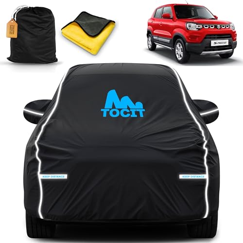 Image of Maruti S-Presso Waterproof Long Life Car Cover with Safety Glow Reflective Strap, Premium Velvet Velour Fabric, Soft & Stretchable, Machine Washable, Tri-Stitch Custom Fit with Mirror Pocket