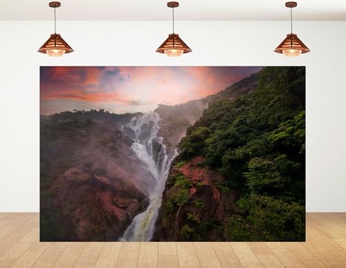 10x5ft Indian Waterfall Landscape Photography Backdrop Nature Scenic Photo Background with Sunset Sky and Mountains Decoration for Party Events Banner