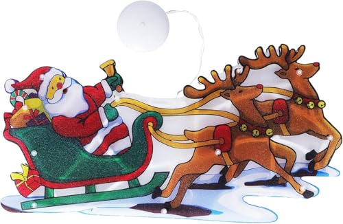 Image of K D Christmas Tree Decoration Santa with Reindeer Warm Yellow | Window Hanging LED Light | Warm Yellow Xmas Decoration Lamp | | Christmas Reindeer Light