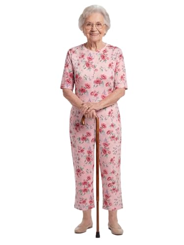 Oyolan Femme Grenouillère De Soin Manches Courtes Personnes Âgées Alzheimer Adulte Patient Combinaison Pyjama Fermeture Éclair dans Le Dos Rose L