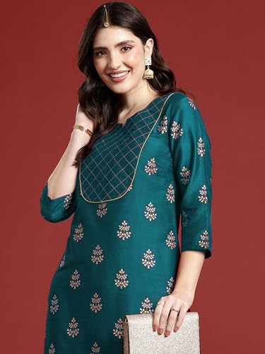 Image of Women's Embroidered Kurti, Ethnic Floral Motif Print, 3 /4 Sleeves, Side Slit