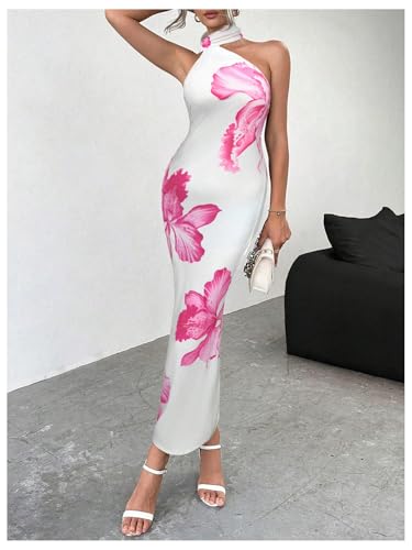 Image of Floerns Women's Halter Neck Sleeveless Backless Bodycon Dress Cocktail Party Maxi Dresses Pink Floral Small
