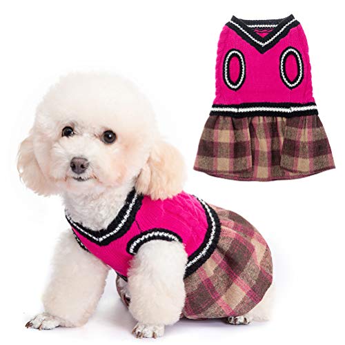 BINGPET Dog Sweater Dress - Plaid Pattern - Warm Pullover with Leash Hole V-Neck Knitwear Pet Sweater Cat Knitted Dress…