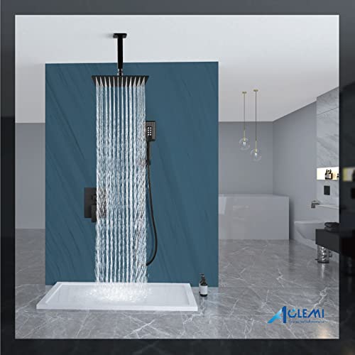 Système de douche plafond résistant au calcaire noir mat 12" avec douchette ABS - 4