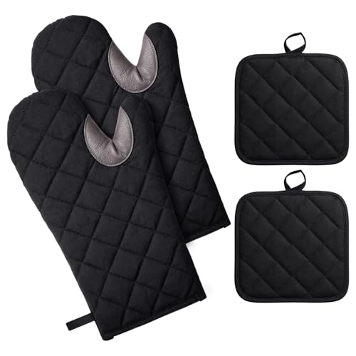 Halinuia 2 Stück Ofenhandschuhe mit 2 Topflappen,Hitzebestaendig Topfhandschuhe,Baumwolle Rutschfest Topflappen Handschuh,Schutz Verstärken Backhandschuhe Schwarz für Kochen Backen Grillen Auflaufform