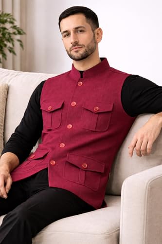 Image of LATEST CHIKAN Men's Nehru Jacket | Ethnic Waistcoat with Mandarin Collar | Premium Textured Fabric | Party, Wedding