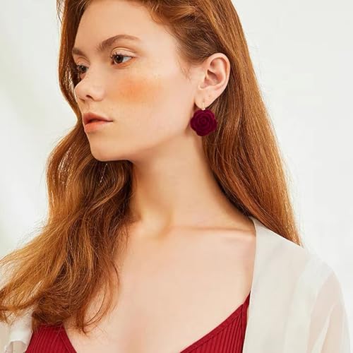 Gdpaddy Velvet Acrylic Rose Flower Lightweight Dangle Drop Earrings Vintage Camellia Floral Leverback Earrings for Women (Wine Red) by Gdpaddy - Image 3