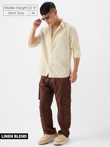 Image of The Souled Store Solid Linen: Beige Color Men and Boys Regular Outdoor Fit Full Sleeve Collared Neck Spread Collar Casual Wear Stylish Comfortable Premium Elegant Cotton Shirts