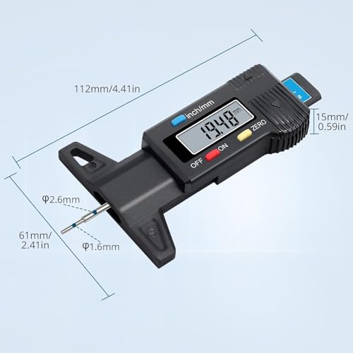 Image of Digital Digital Tyre Tread Depth Gauge 0-25mm LCD Display 0.01mm Accuracy Tyre Wear Measuring Tool mm /Inch Conversion Stainless Steel Probe for Car Bike Truck