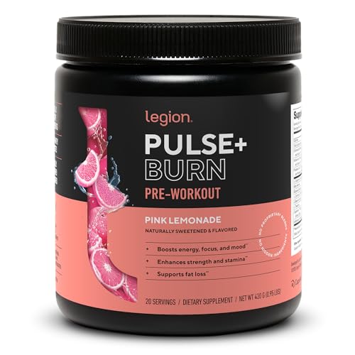 LEGION Pulse+ Burn Thermogenic Pre Workout Powder - High Stimulant Energy - L-Carnitine, Citrulline Malate, Beta Alanine, Capsimax - Nitric Oxide Booster - Pink Lemonade, 20 Servings