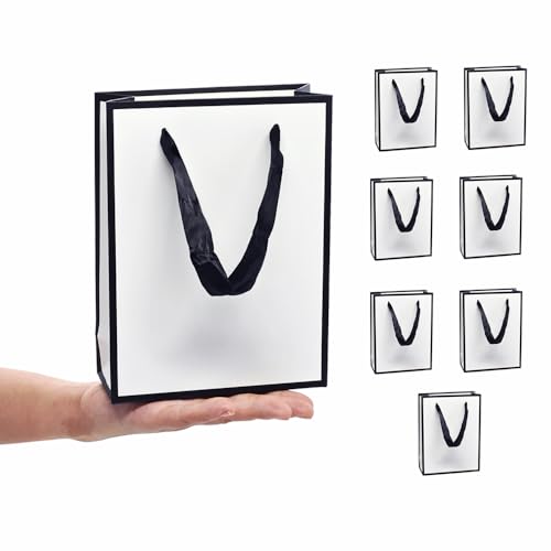 紙袋 手提げ プレゼント 袋 ギフトバッグ 小 引き出物袋 縦型 おしゃれ 厚手タイプ 丈夫で耐久性があり 再利用可能 クラフト紙袋 結婚式 包装 パーティー 誕生日 ホワイトデー 贈り物 お土産 クリスマス用ギフトバッグ（15*6*20cm・8枚セット・ホワイト＆ブラック）