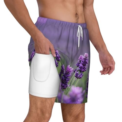 Purple Lavender Colored Flowers Print Mens Swim Shorts Trunks Inseam Compression Liner Quick Dry Zipper Pocket3