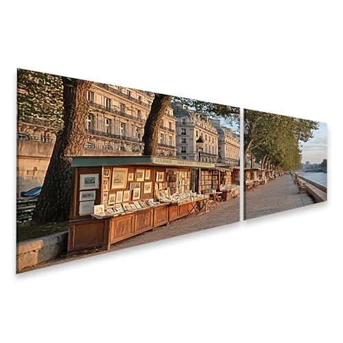 islandburner Quadro su tela bancarelle sulla riva della Senna a Parigi – Quadro da parete per gli amanti dei libri – 2 pezzi – edizione X2