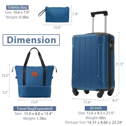 Hardshell Luggage Sets 3 Piece Carry-on Suitcases with Wheels,TSA Lock for Men Women,Blue(20in)4