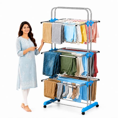 Image of URBAN KRAFT 3 Tier Stainless Steel Foldable Cloth Drying Stand | Premium Clothes Rack for Drying | Heavy Duty Clothes Dryer Stand | Laundry Racks for Drying - Indoor /Balcony